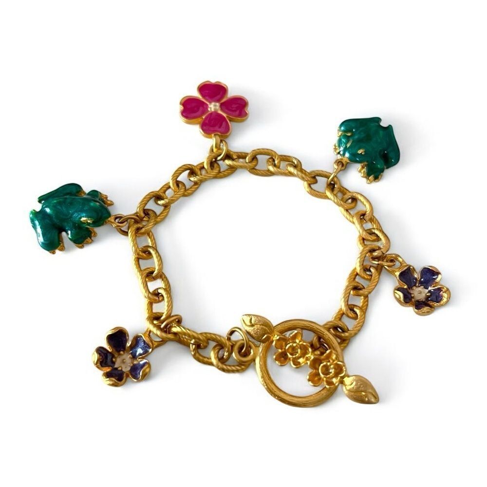 Matte Gold Enamel Flowers Frogs Charm Bracelet - Picture 3 of 7